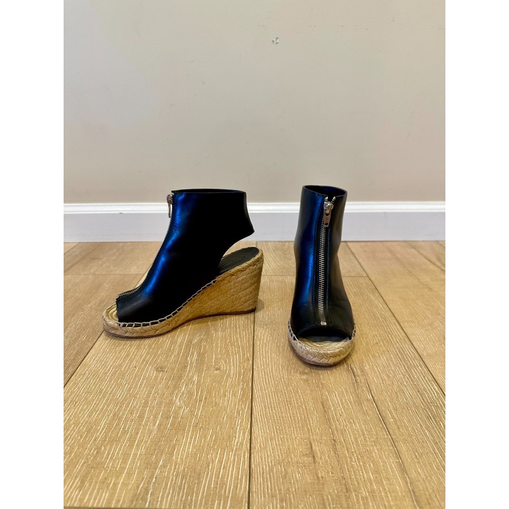 CELINE Women's Black Leather Espadrille Wedge Sandals Open Toe Sz 5 US / 35 EU